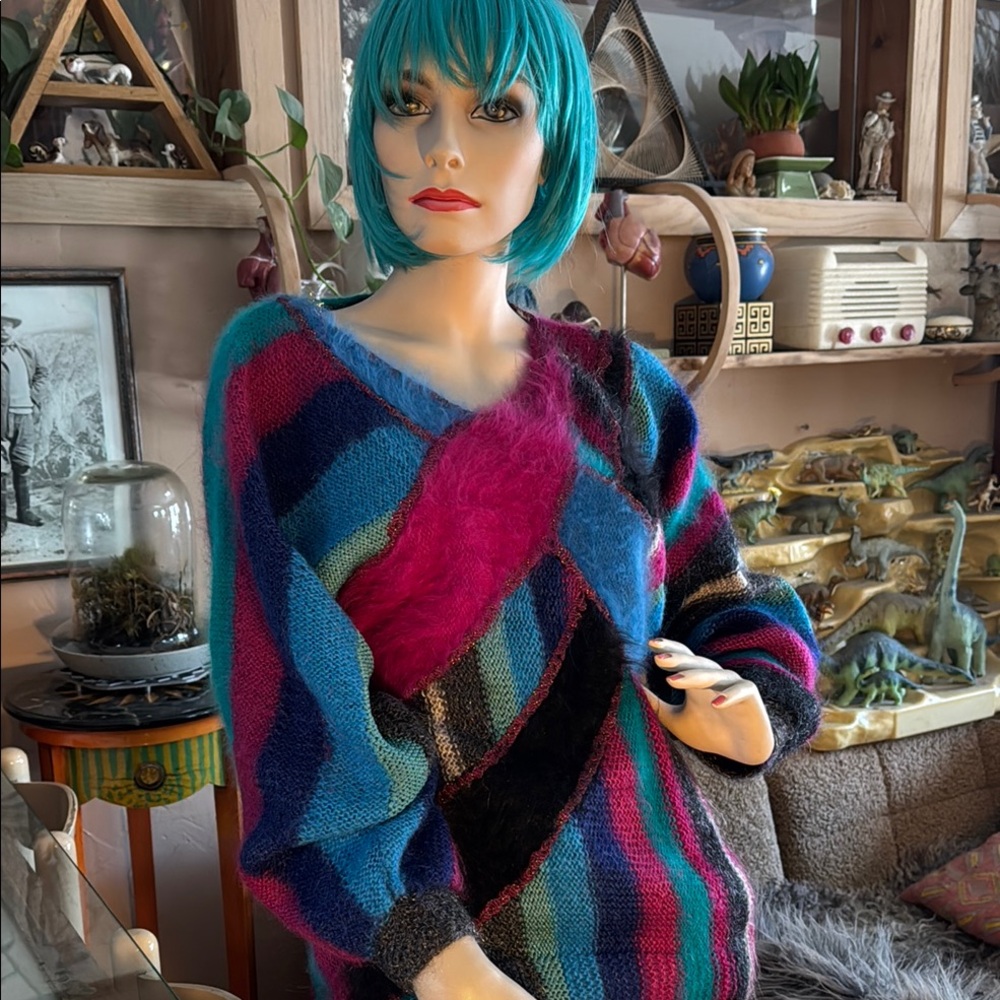 Angora blend Blue and Pink super soft Crew Neck Sweater with Geometric Pattern